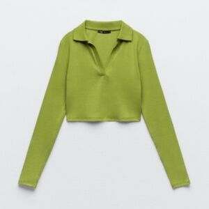 Zara Crop Long Sleeve Polo Shirt with Collar